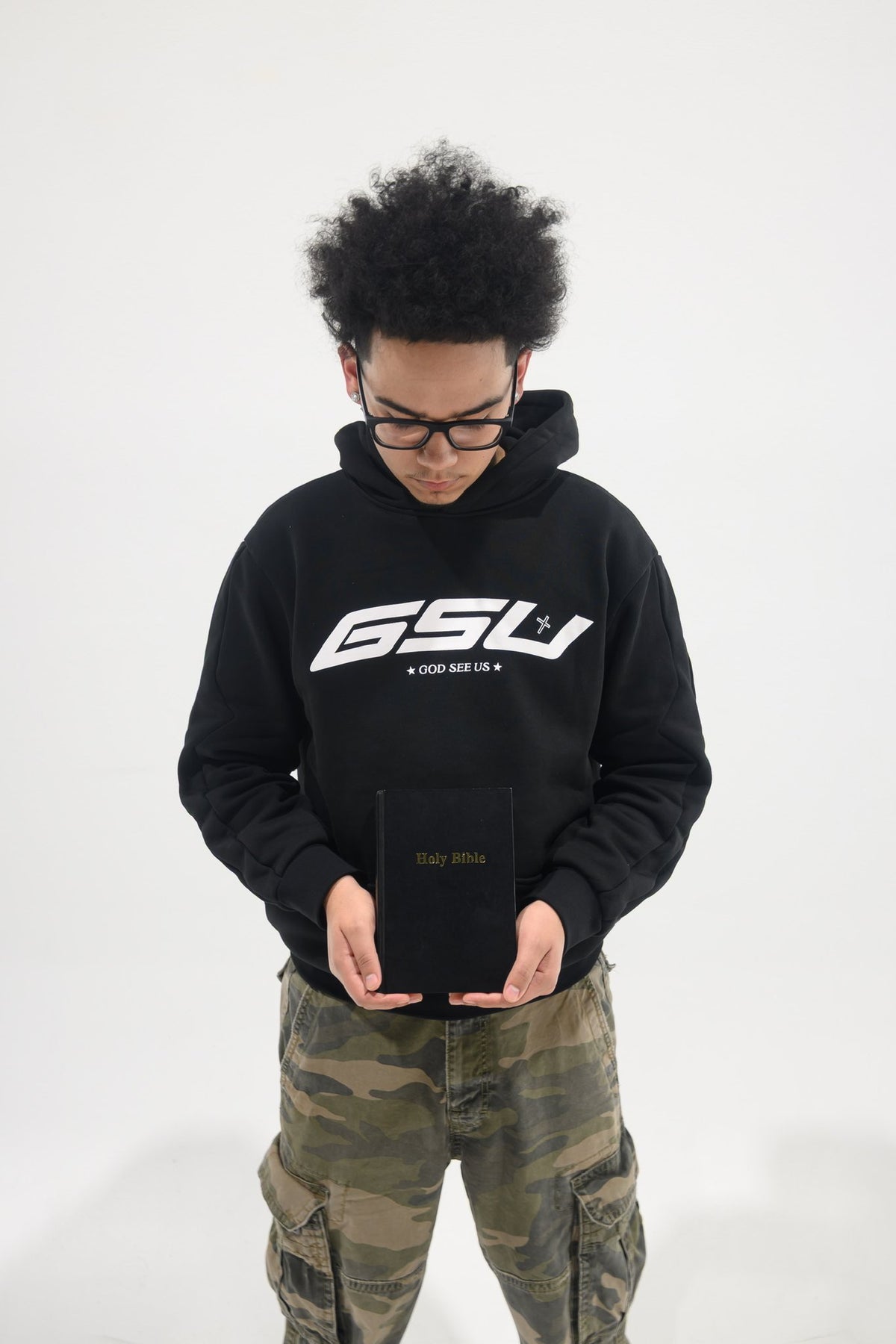 GSU Hoodie in Black, chest logo close-up