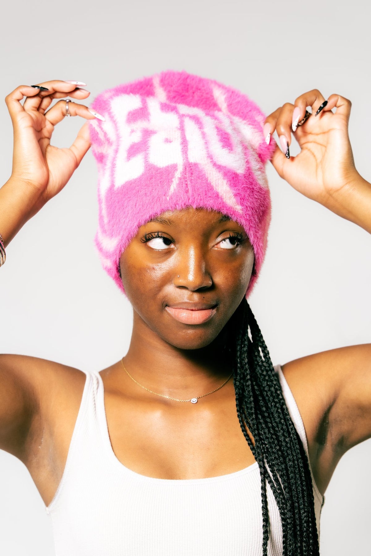 JESUS Beanie in Pink, worn