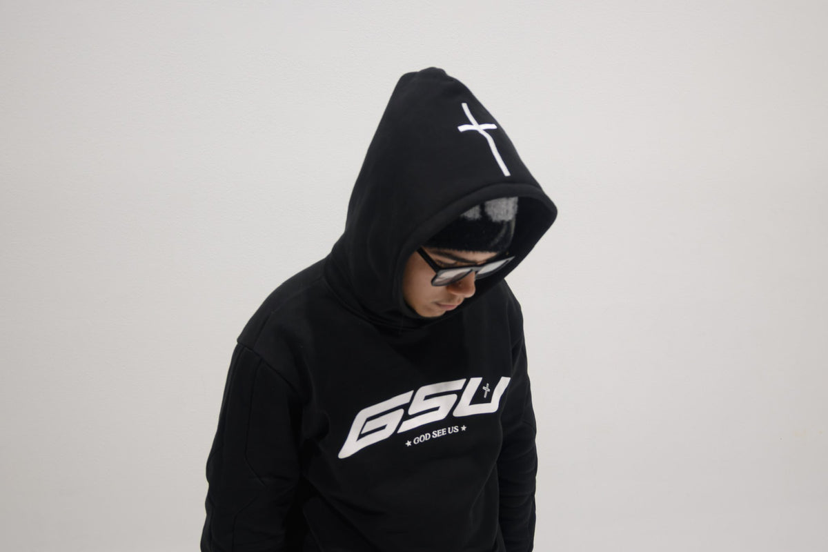 GSU Hoodie in Black, hood up
