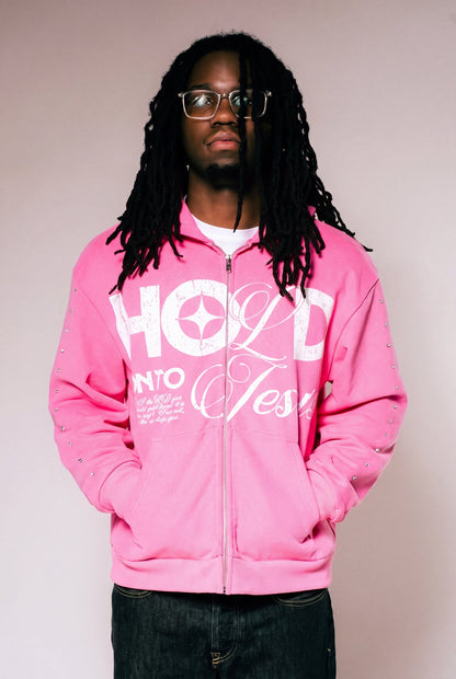 Hold On To Jesus Zip-Up Hoodie in pink, front view