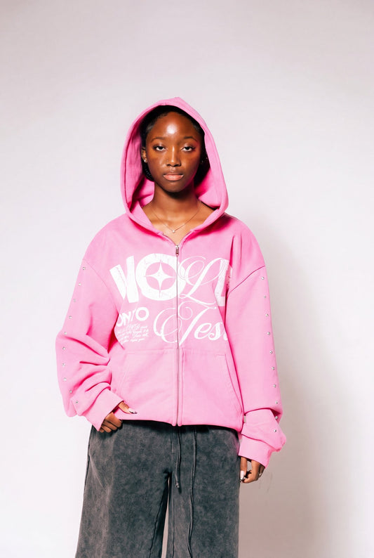 Hold On To Jesus Zip-Up Hoodie in pink, second model, front view