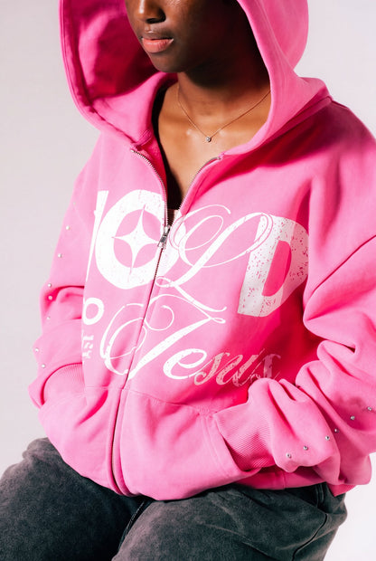 Hold On To Jesus Zip-Up Hoodie in pink, print and sleeve rhinestone close-up