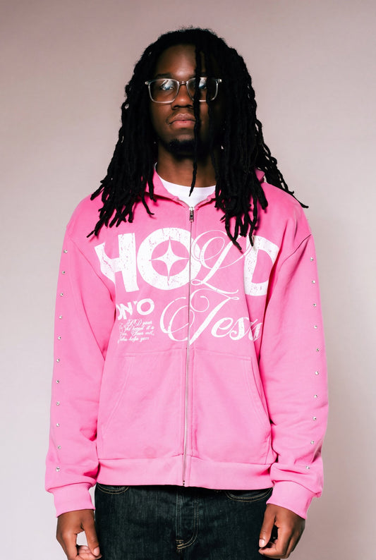 Hold On To Jesus Zip-Up Hoodie in pink, front view with hood down