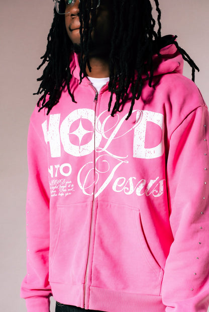 Hold On To Jesus Zip-Up Hoodie in pink, print close-up