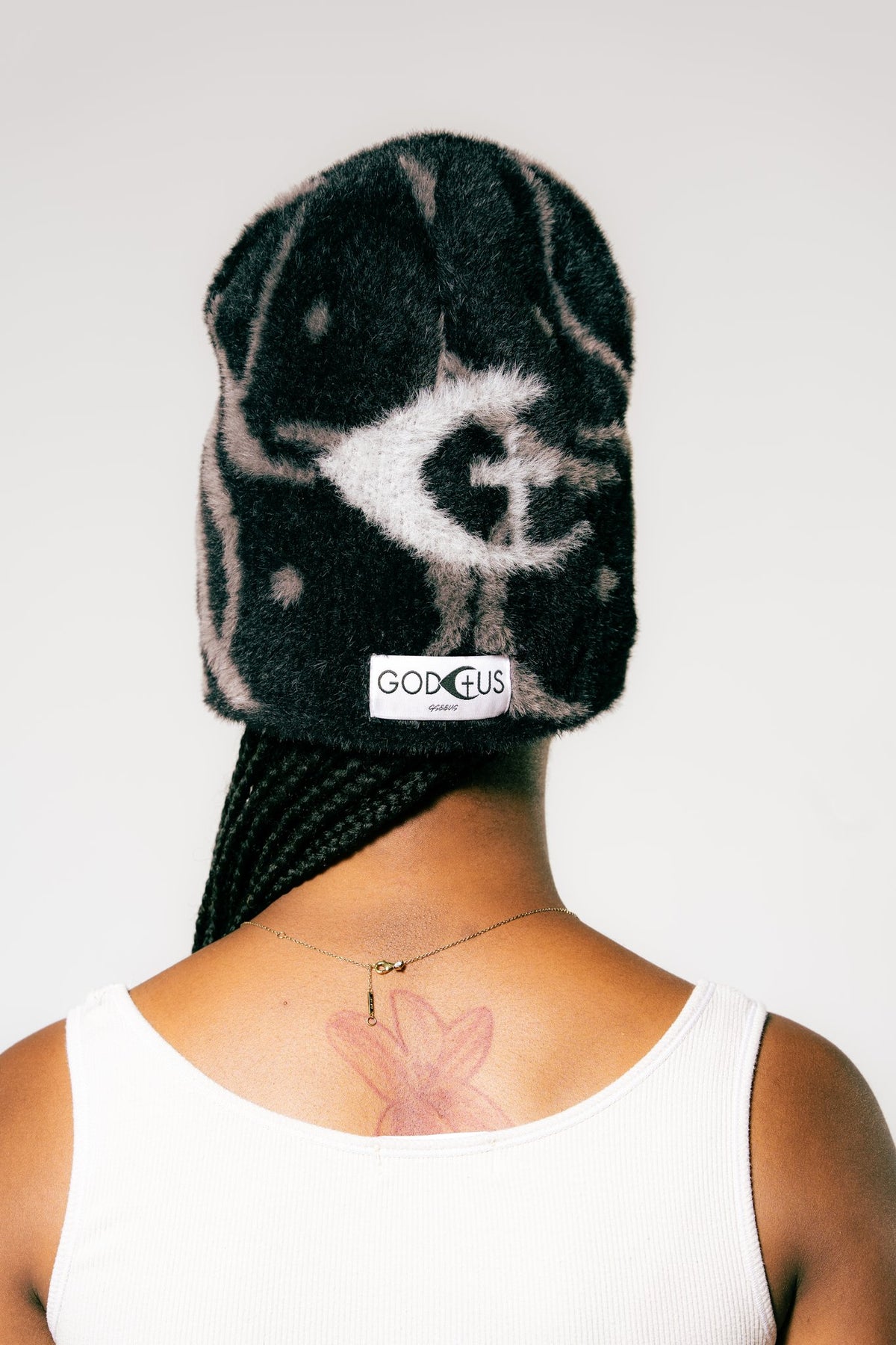 JESUS Beanie in Black, back view with logo
