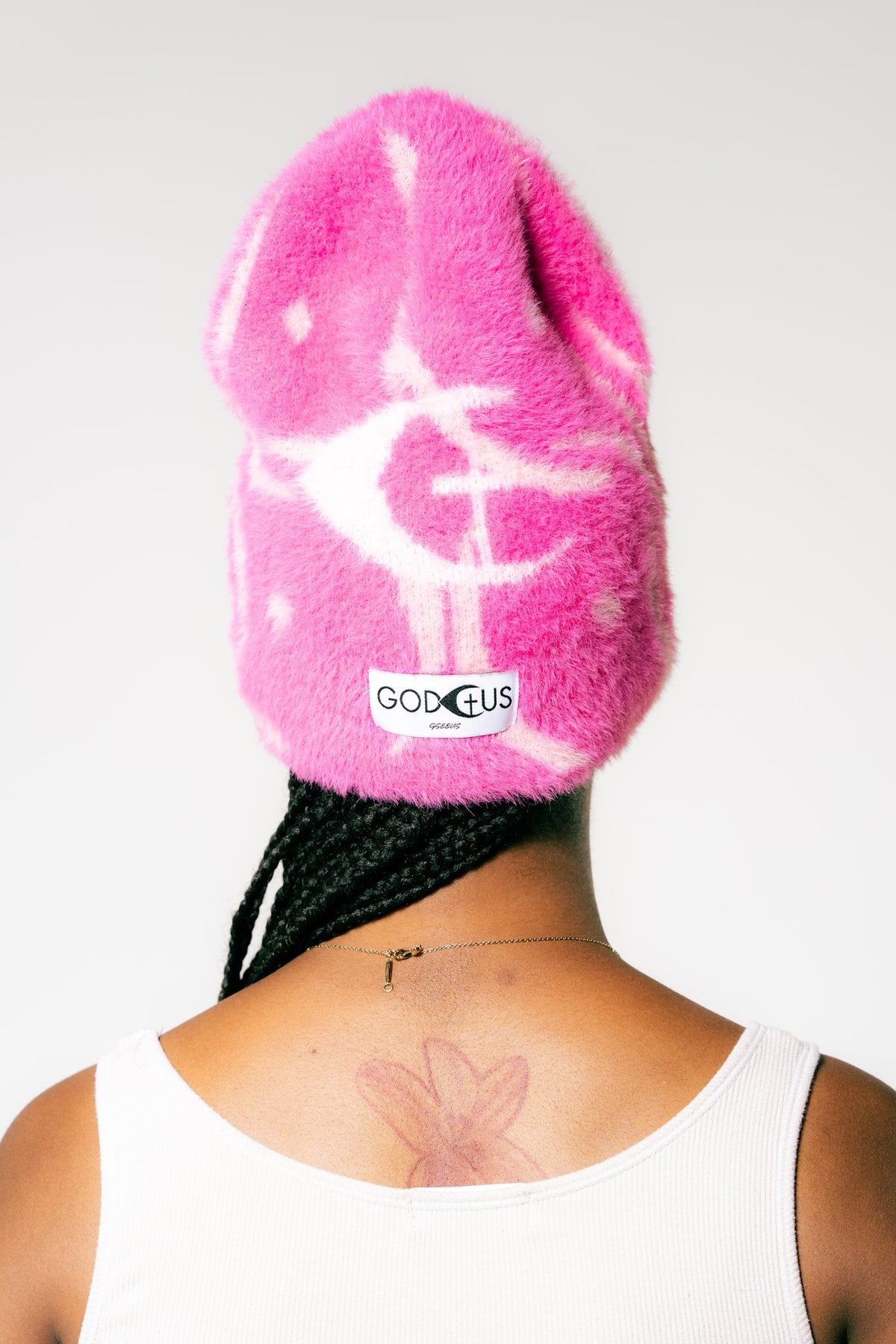 JESUS Beanie in Pink, back view with logo