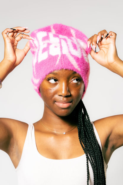 JESUS Beanie in Pink, worn